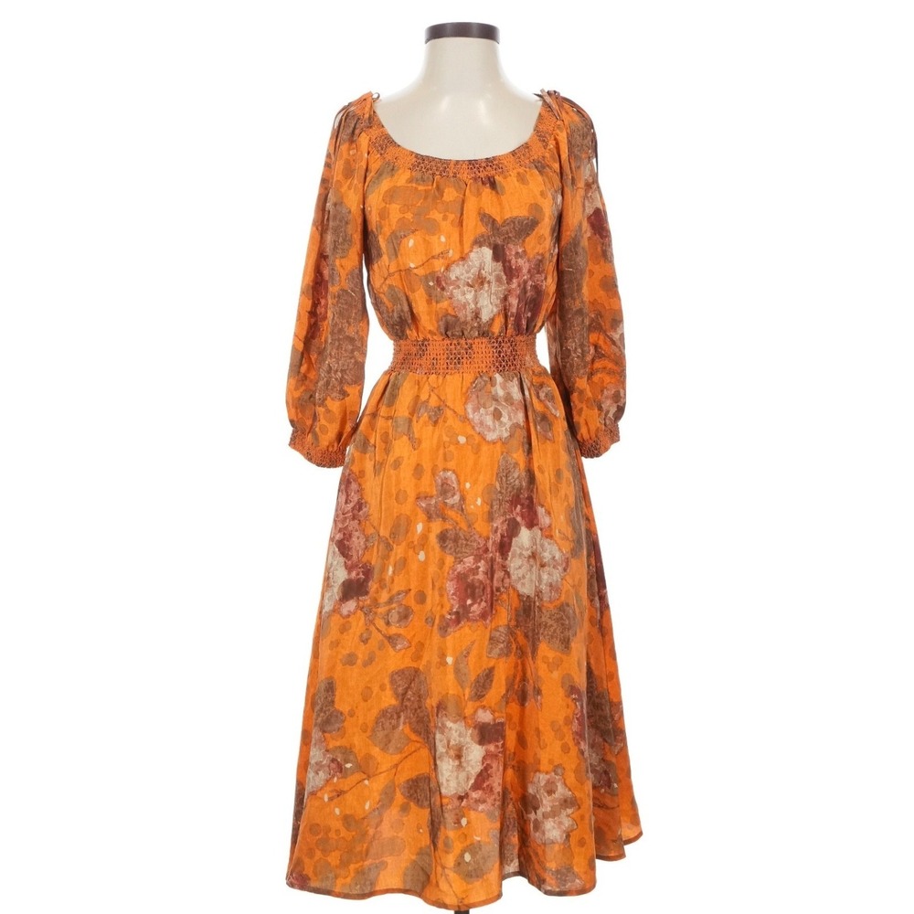 Anthropologie Moulinette Soeurs Silk Floral Cold Shoulder Peasant Dress Orange 2